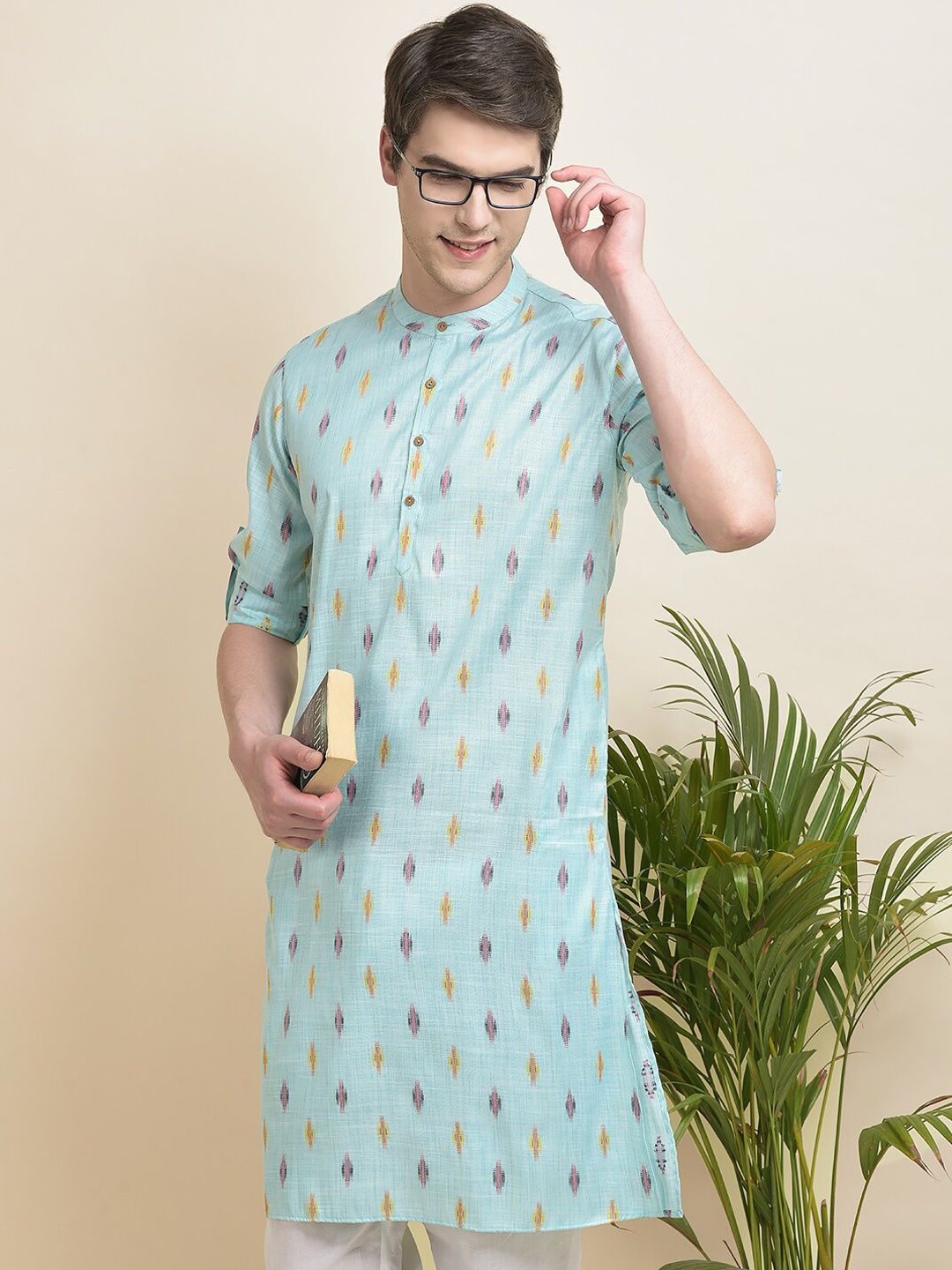 

Anouk Ethnic Motifs Woven Design Band Collar Straight Kurta With Pyjamas, Green