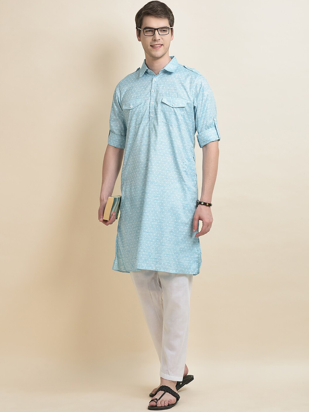 

Anouk Ethnic Motifs Woven Design Band Collar Straight Kurta With Pyjamas, Blue