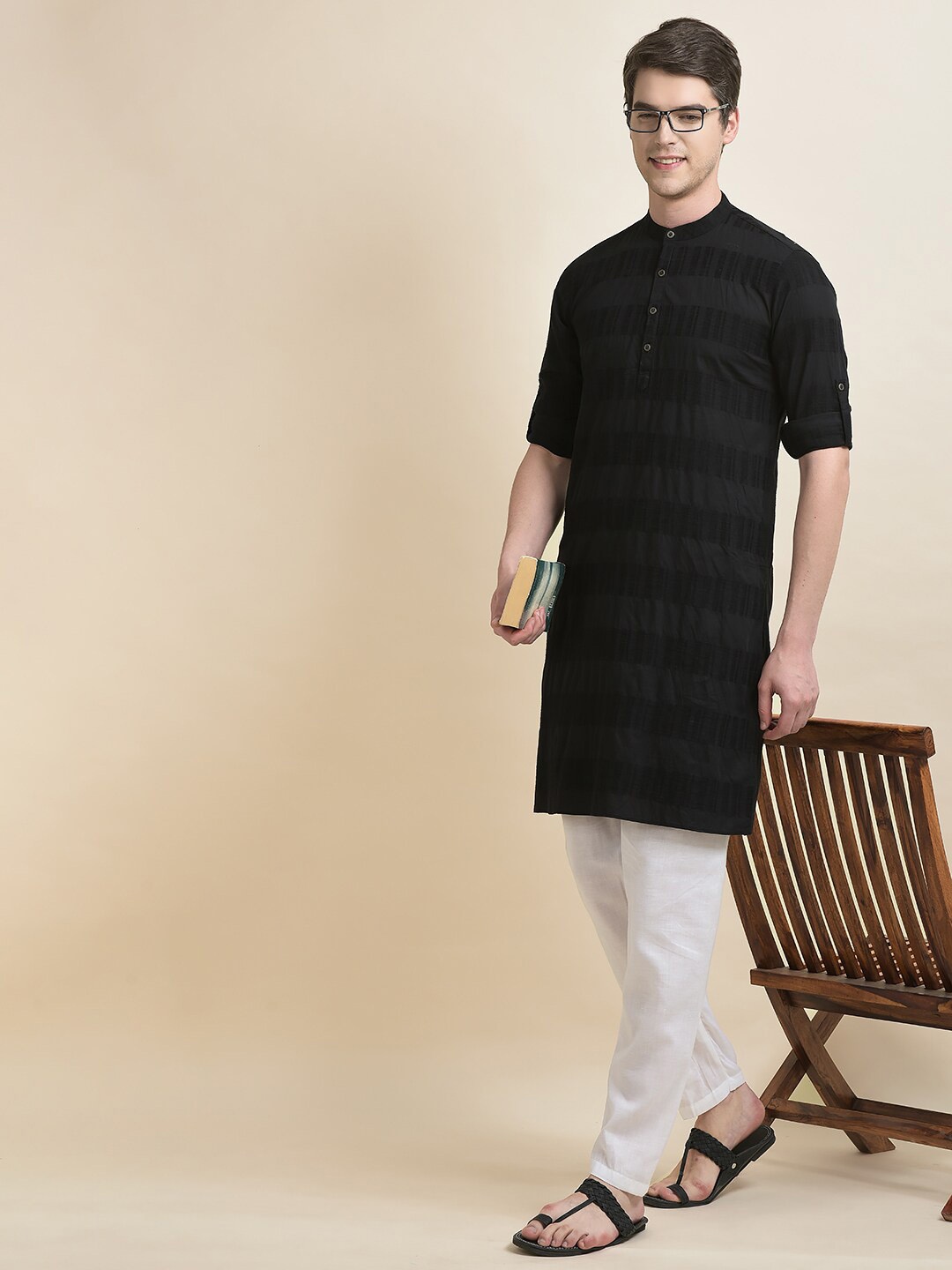 

Anouk Black Striped Band Collar Kurta With Pyjamas