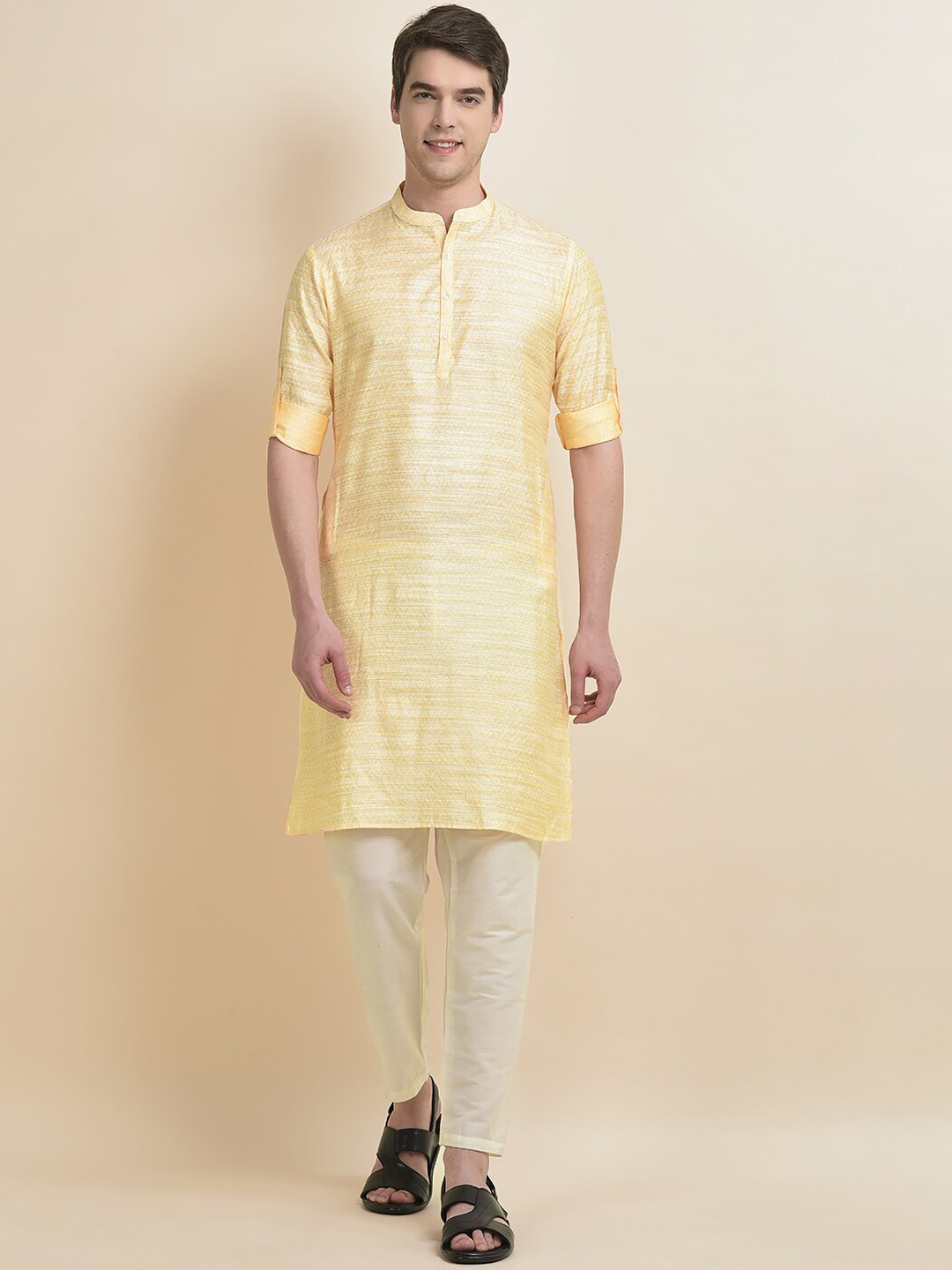 

Anouk Yellow & White Ethnic Motifs Woven Design Kurta With Pyjamas