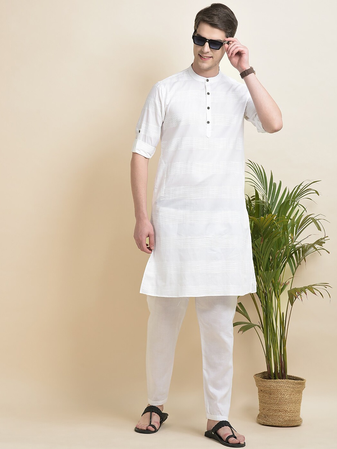 

Anouk Ethnic Motifs Woven Design Band Collar Straight Kurta With Pyjamas, White