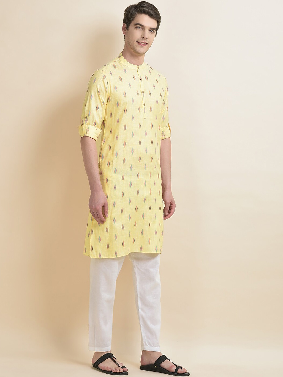 

Anouk Ethnic Motifs Woven Design Band Collar Straight Kurta With Pyjamas, Yellow