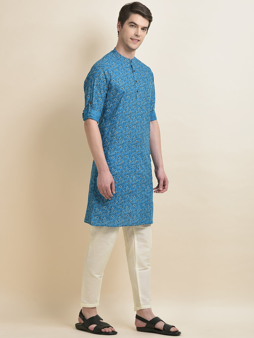 

Anouk Ethnic Motifs Woven Design Band Collar Straight Kurta With Pyjamas, Blue