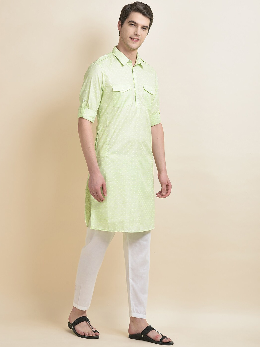 

Anouk Ethnic Motifs Woven Design Band Collar Straight Kurta With Pyjamas, Green