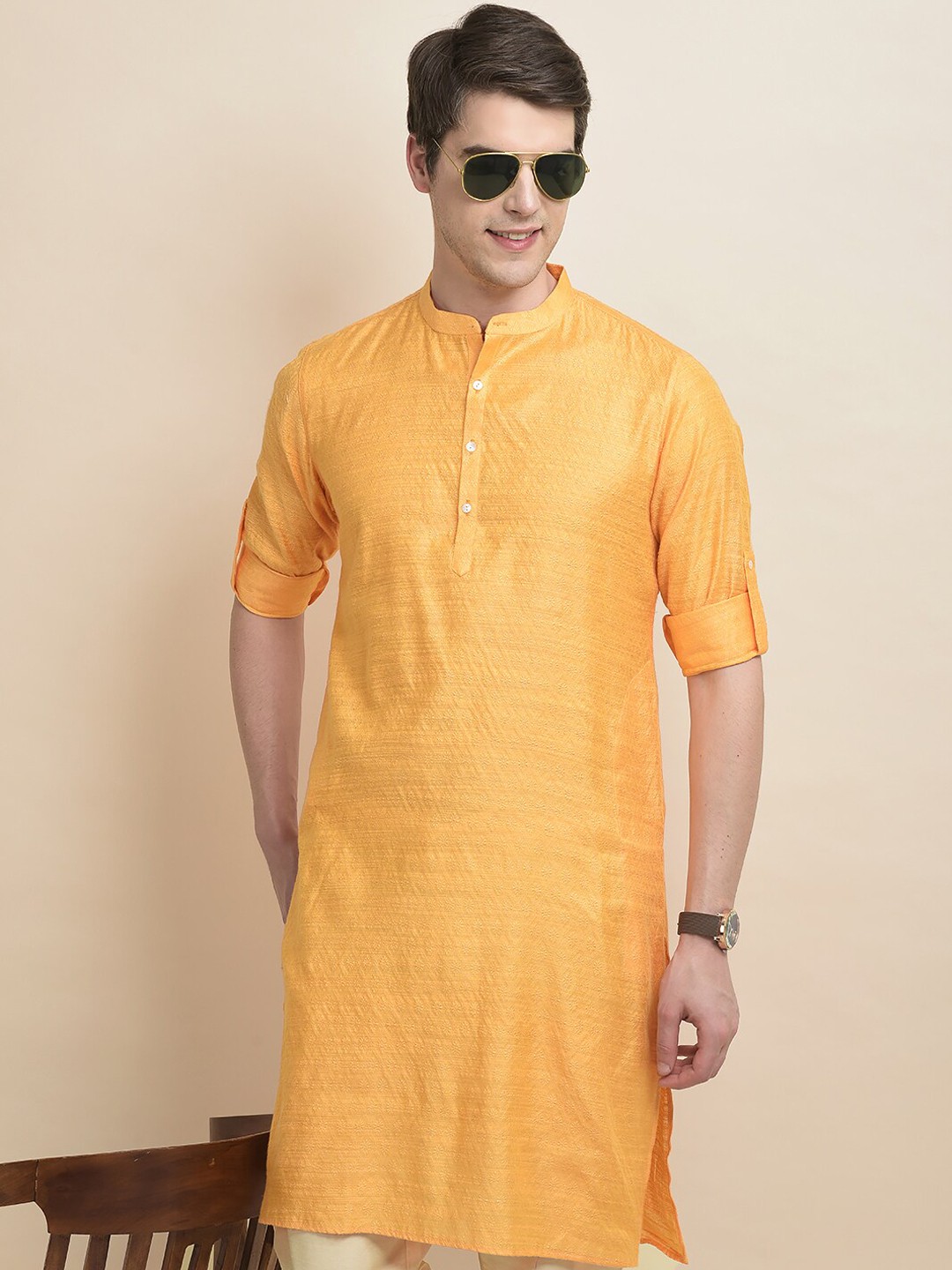 

Anouk Ethnic Motifs Woven Design Band Collar Straight Kurta With Pyjamas, Orange
