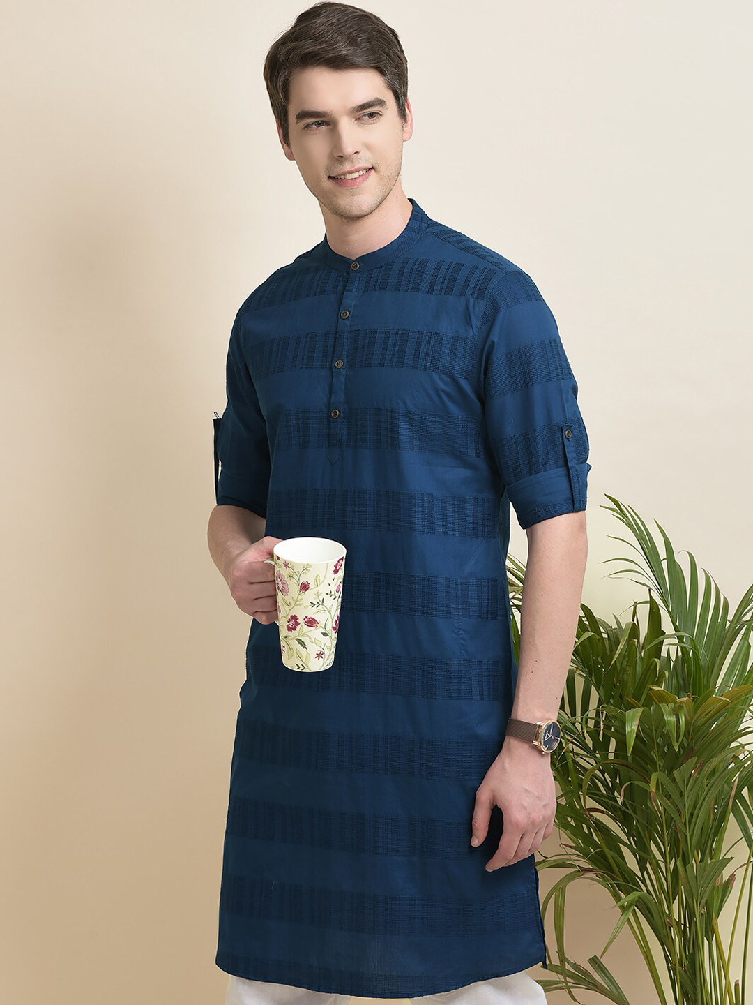 

Anouk Navy Blue Striped Roll-Up Sleeves Kurta With Pyjamas