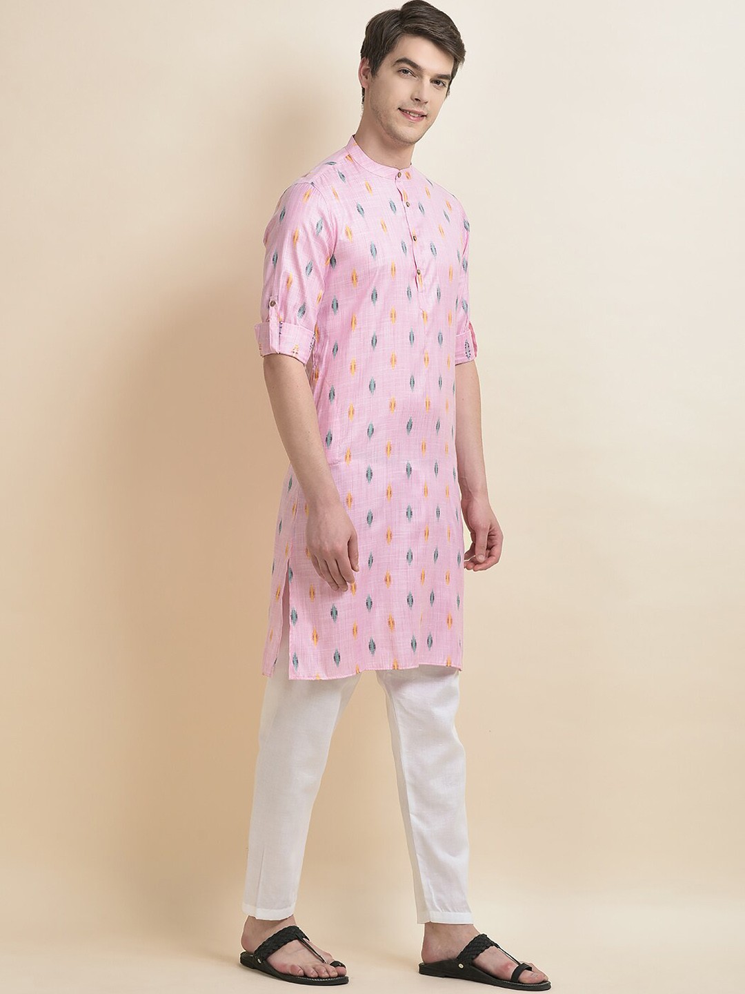 

Anouk Ethnic Motifs Woven Design Band Collar Straight Kurta With Pyjamas, Pink