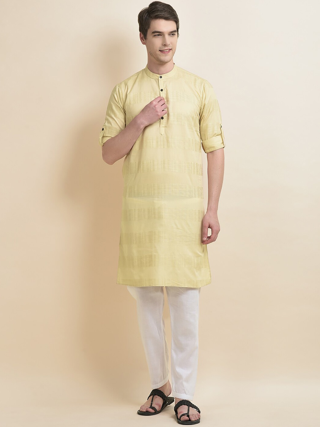 

Anouk Cream-Coloured & White Woven Design Kurta with Pyjamas, Beige