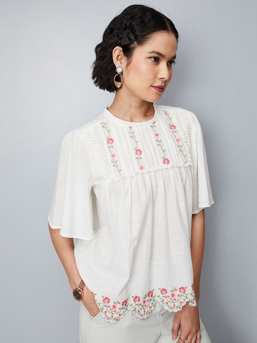 

max Floral Embroidered Flared Sleeve Pure Cotton Top, White