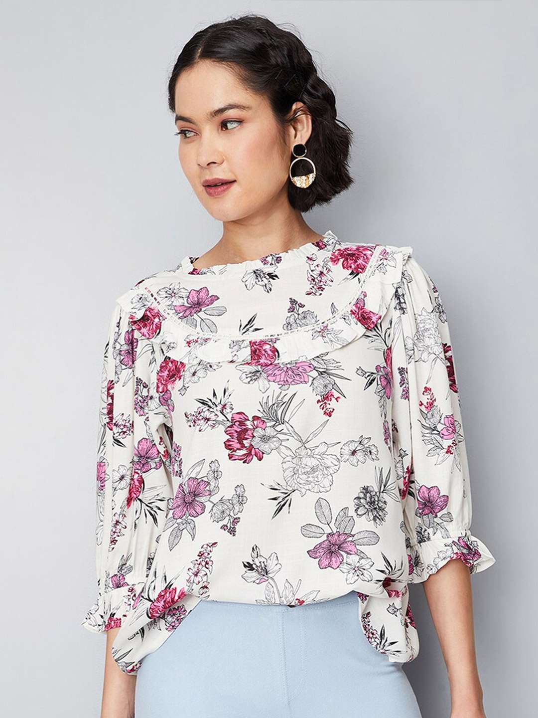 

max Floral Print Puff Sleeve Top, White