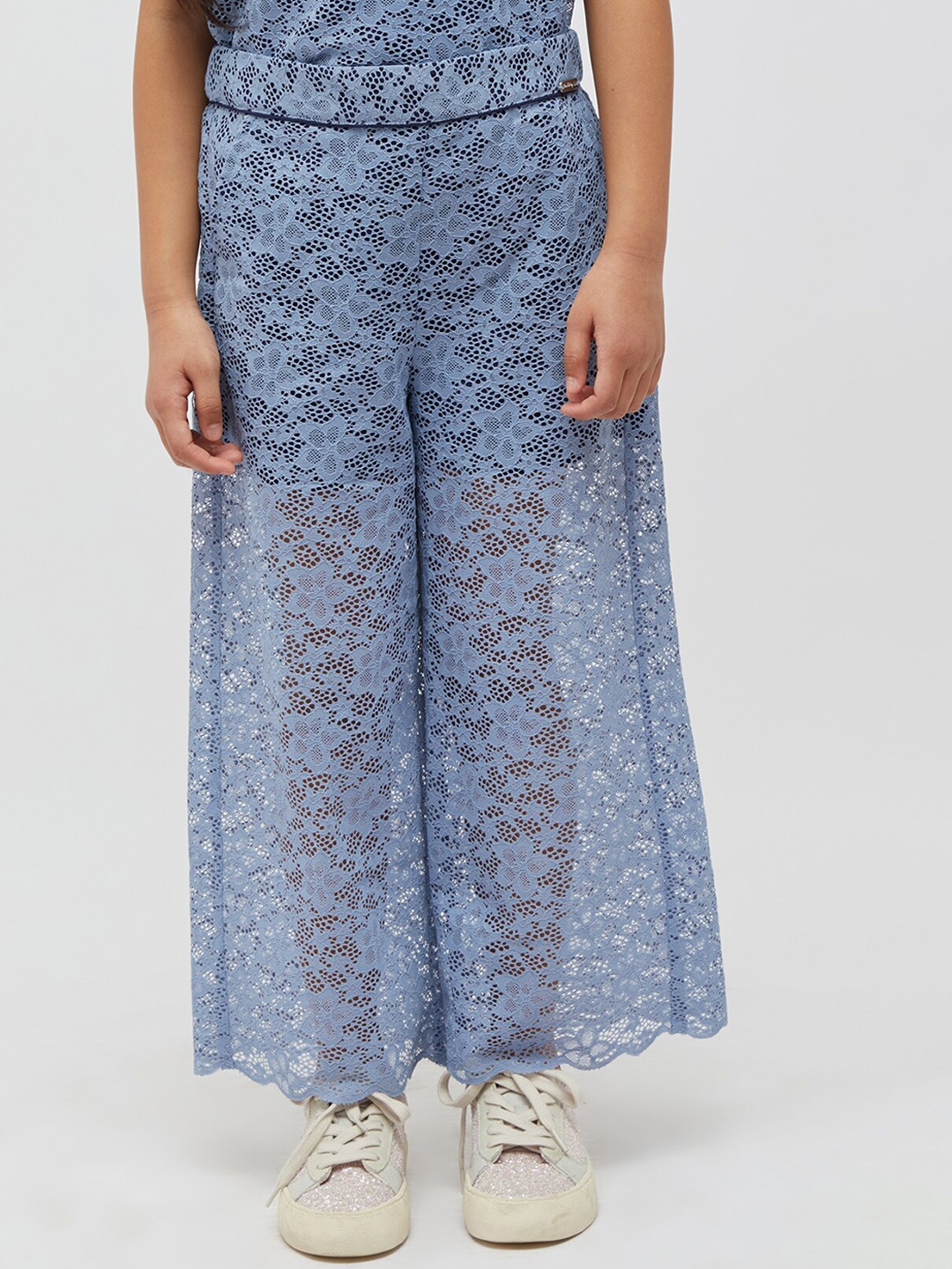 

One Friday Girls Floral Self Design Relaxed Fit Semi Sheer Lace Parallel Trousers, Blue