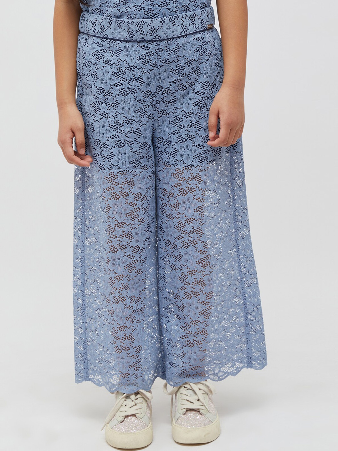 

One Friday Girls Relaxed Self Design Loose Fit Parallel Trousers, Blue