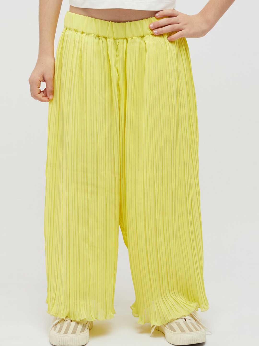 

One Friday Girls Relaxed Accordion Pleated Striped Mid Rise Plain Culottes, Yellow