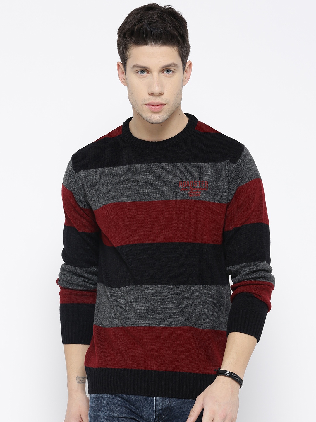 

Roadster Men Maroon & Grey Melange Striped Pullover