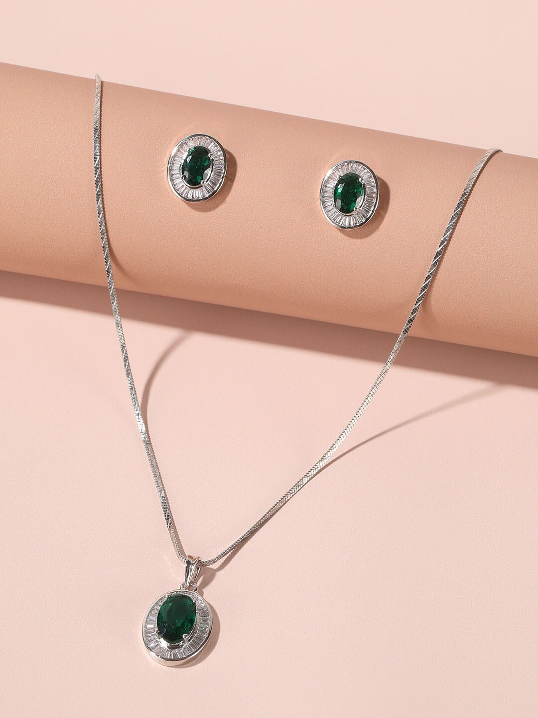 

XPNSV Rhodium-Plated American Diamond Studded Pendant with Chain & Earrings, Green