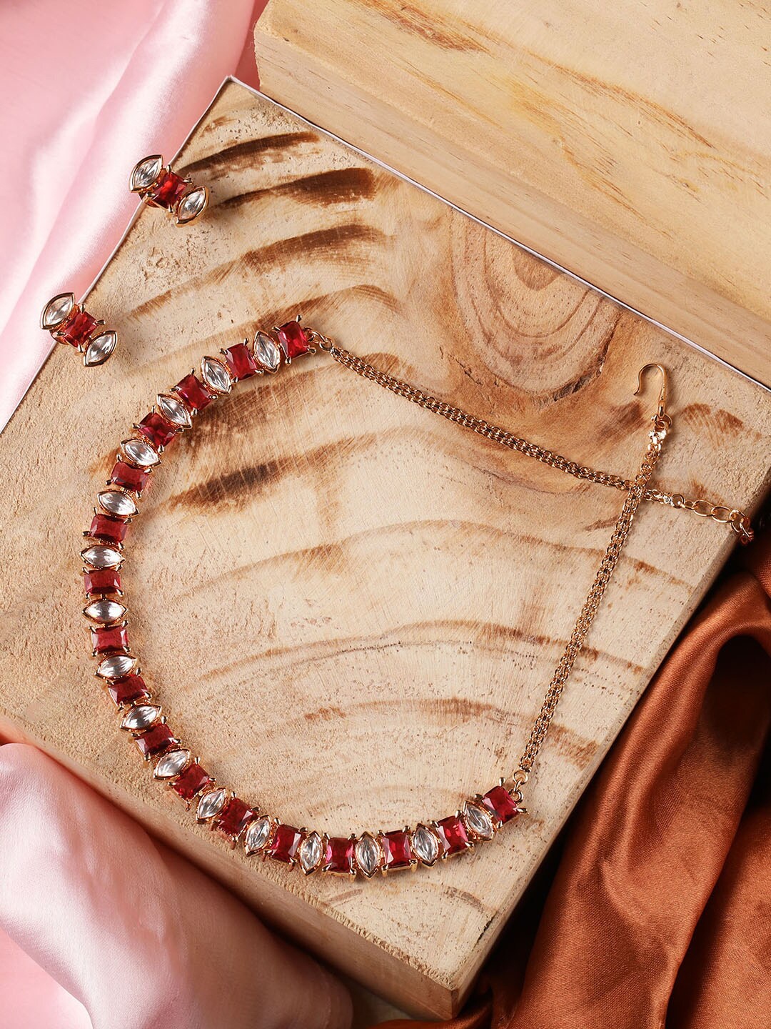

XPNSV Gold-Plated Vintage India Ruby and Glass Stone Necklace Set with Earrings
