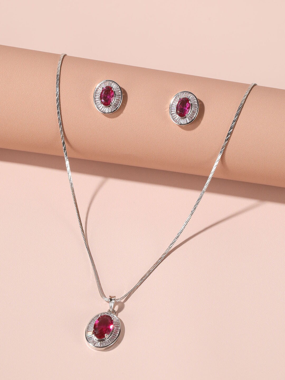 

XPNSV Rhodium-Plated Ruby Statement Pendant and Earrings, Silver