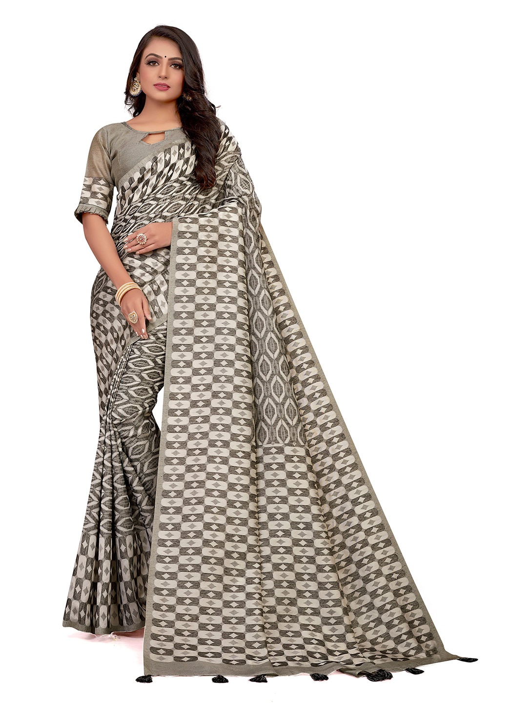 

VENISA Geometric Printed Saree, Grey