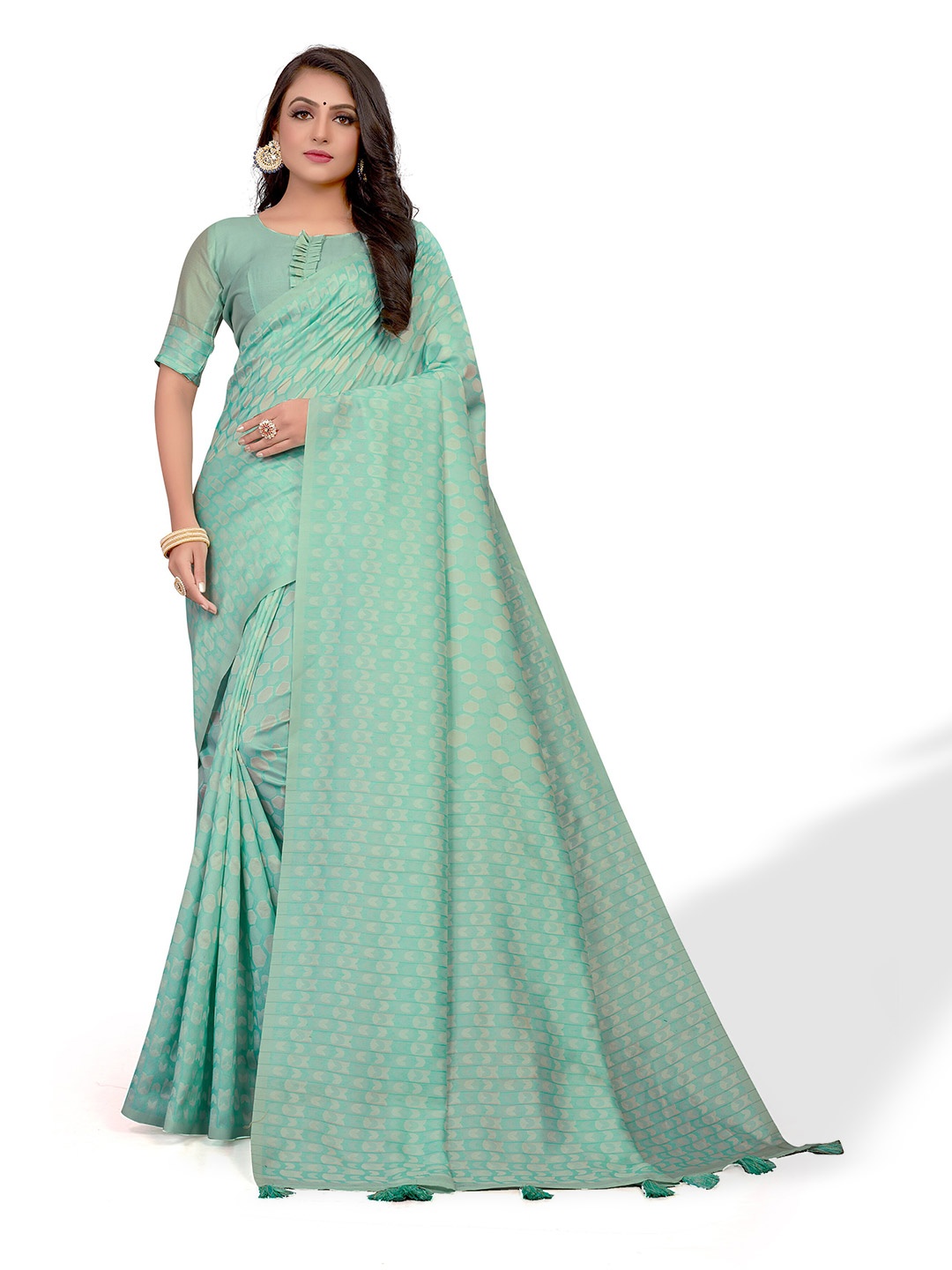 

VENISA Geometric Printed Cotton Saree, Green