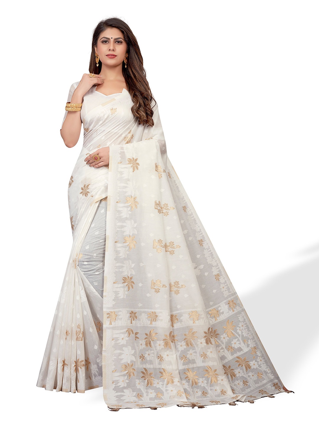 

VENISA Ethnic Motif Woven Design Saree, Off white