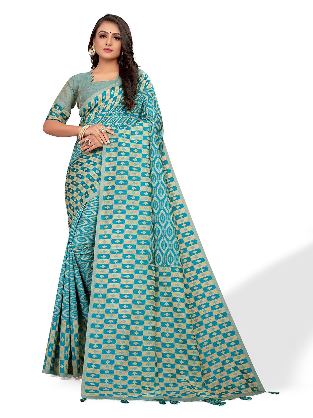 

VENISA Geometric Printed Saree, Turquoise blue