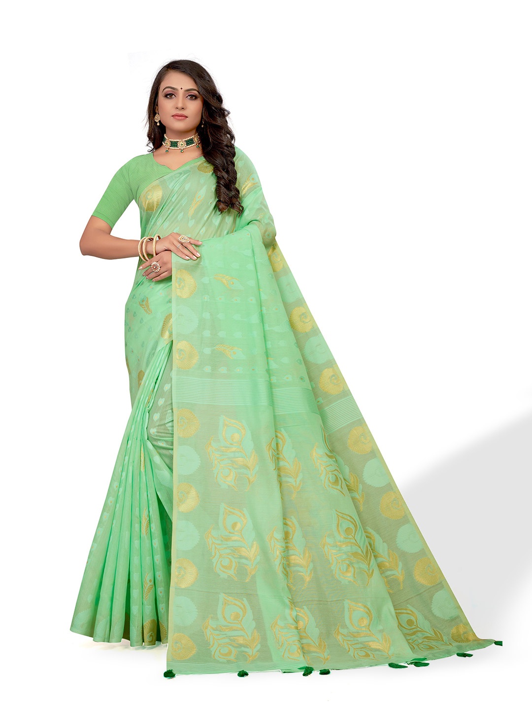 

VENISA Ethnic Motif Woven Design Zari Saree, Green