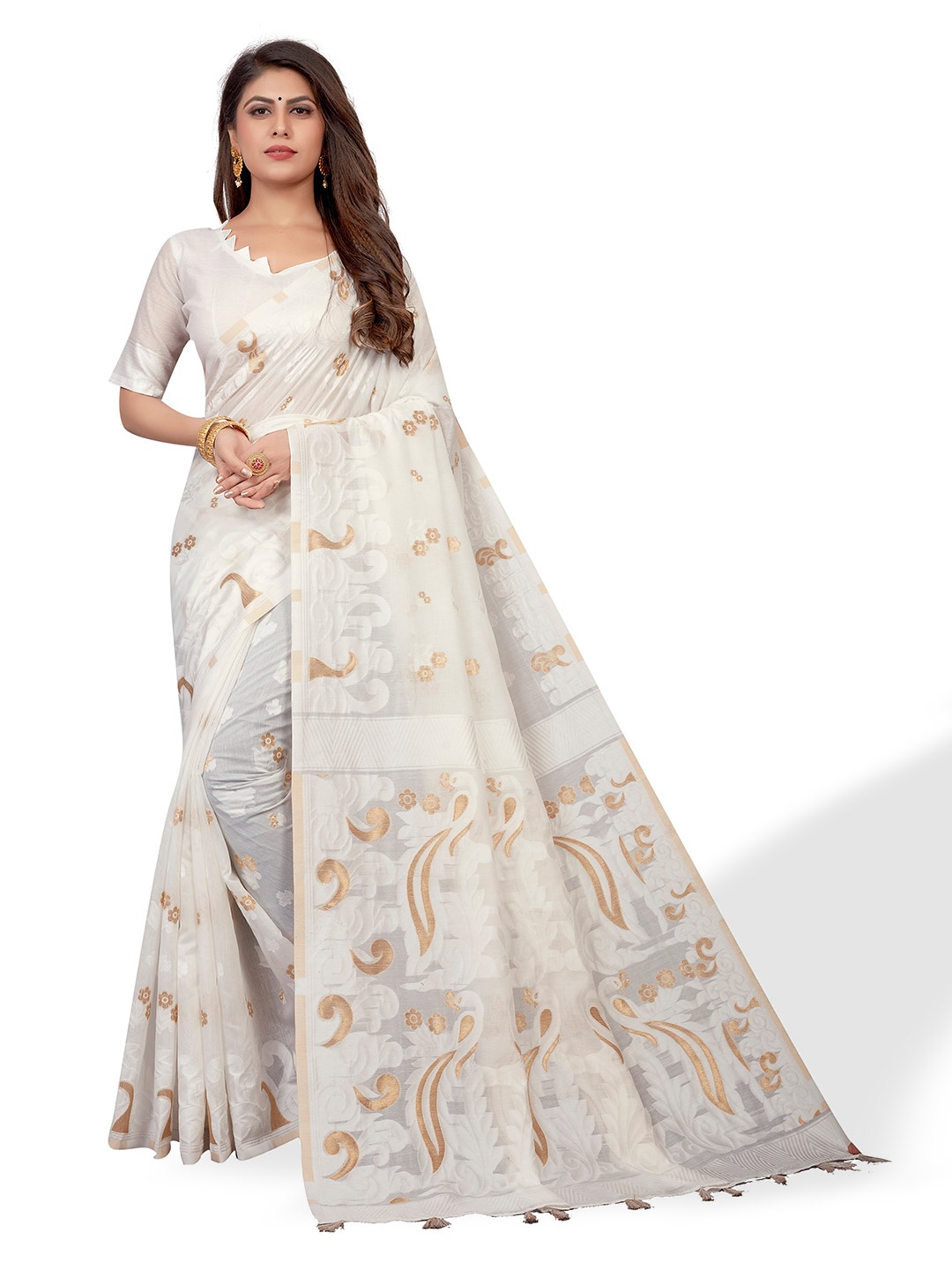 

VENISA Ethnic Motifs Woven Design Zari Saree With Tassels, Off white