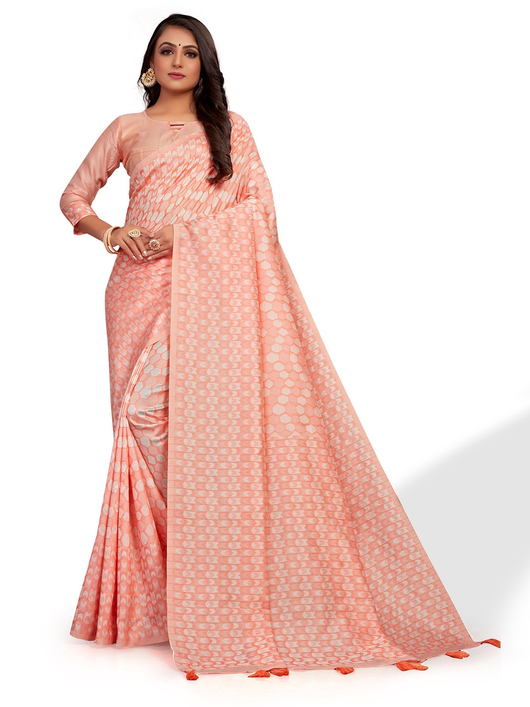

VENISA Geometric Printed Saree, Peach