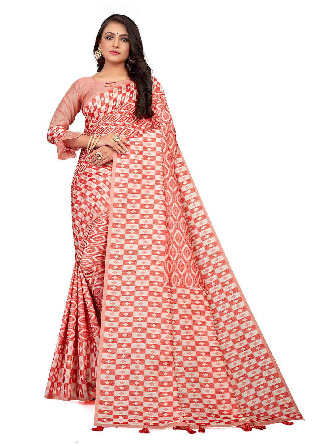 

VENISA Geometric Printed Saree With Tassels, Peach