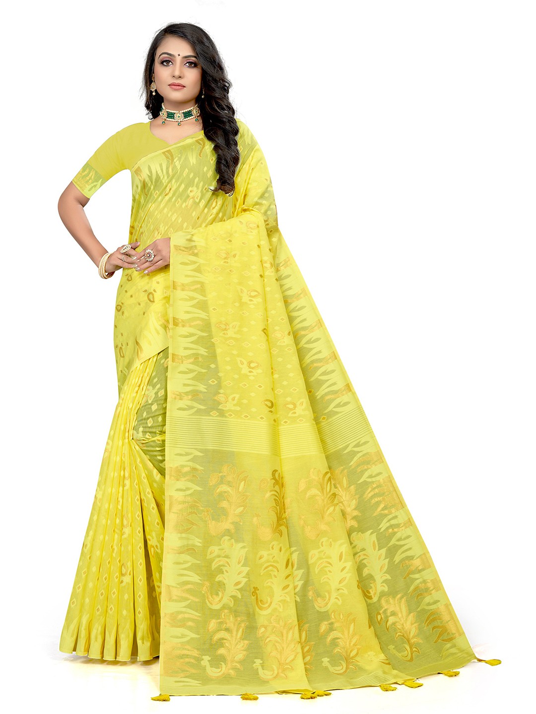 

VENISA Floral Woven Design Saree, Yellow
