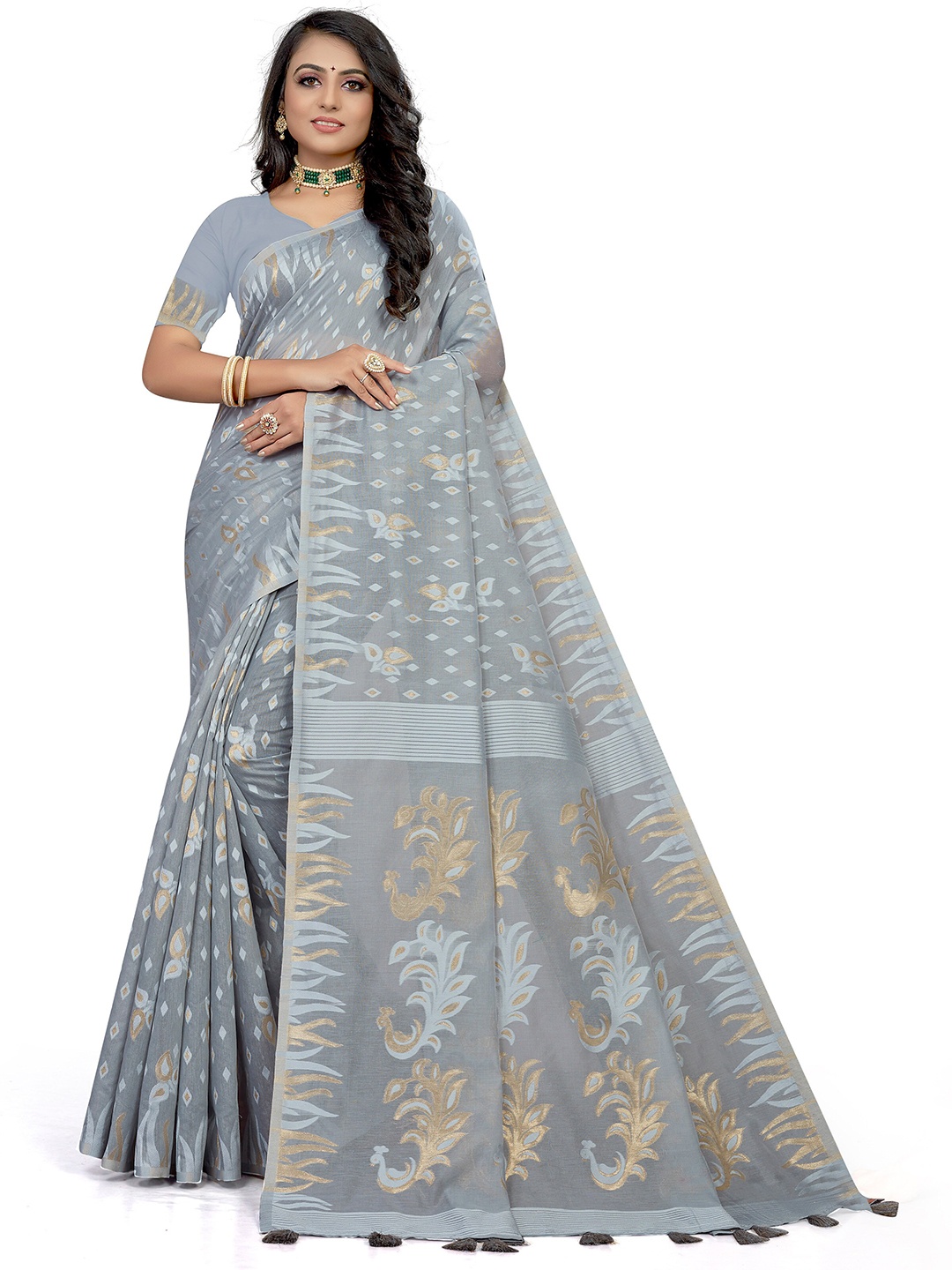 

VENISA Ethnic Motifs Printed Cotton Saree, Grey