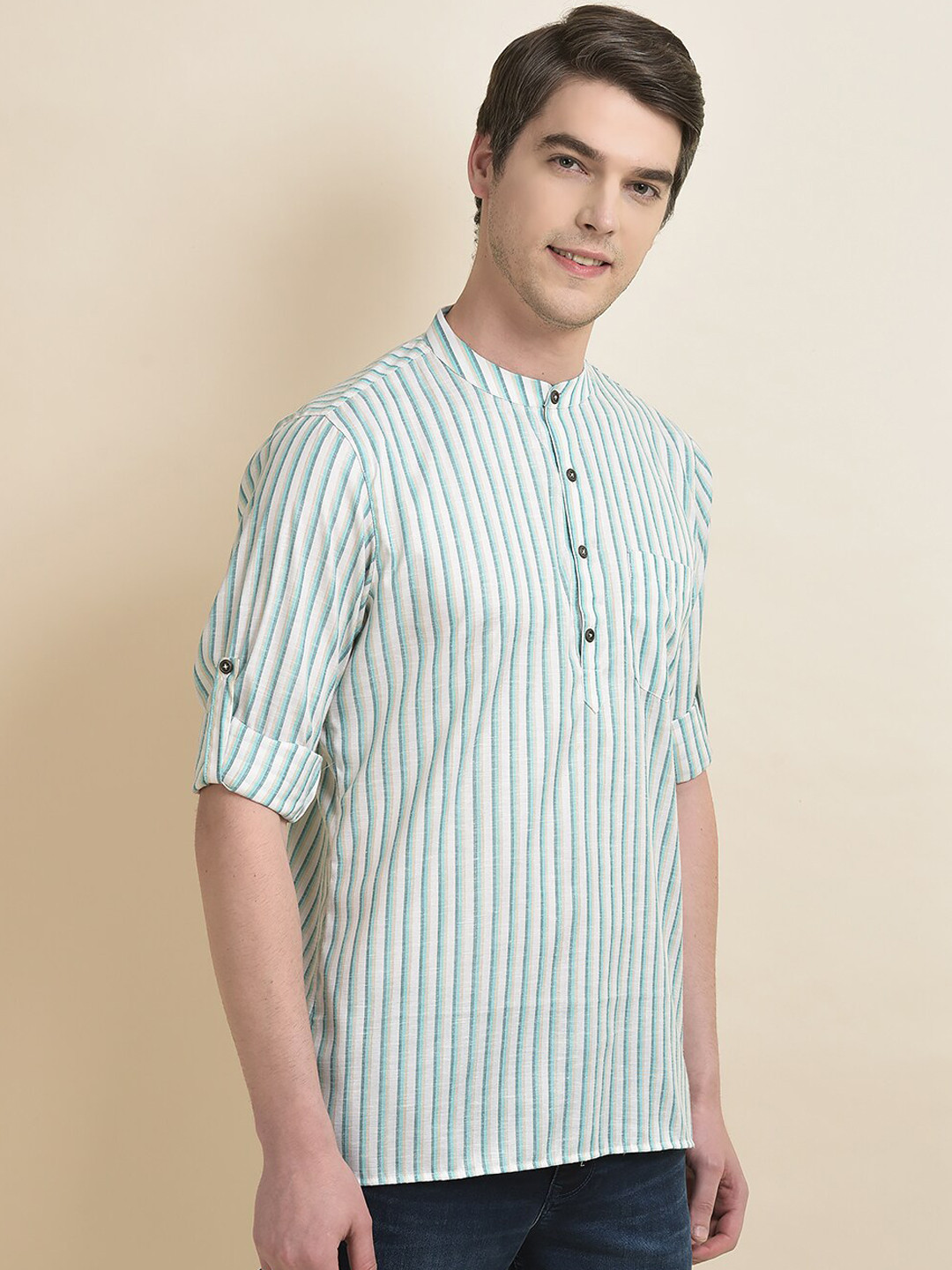 

Anouk White & Green Striped Band Collar Cotton Roll Up Sleeves Kurta