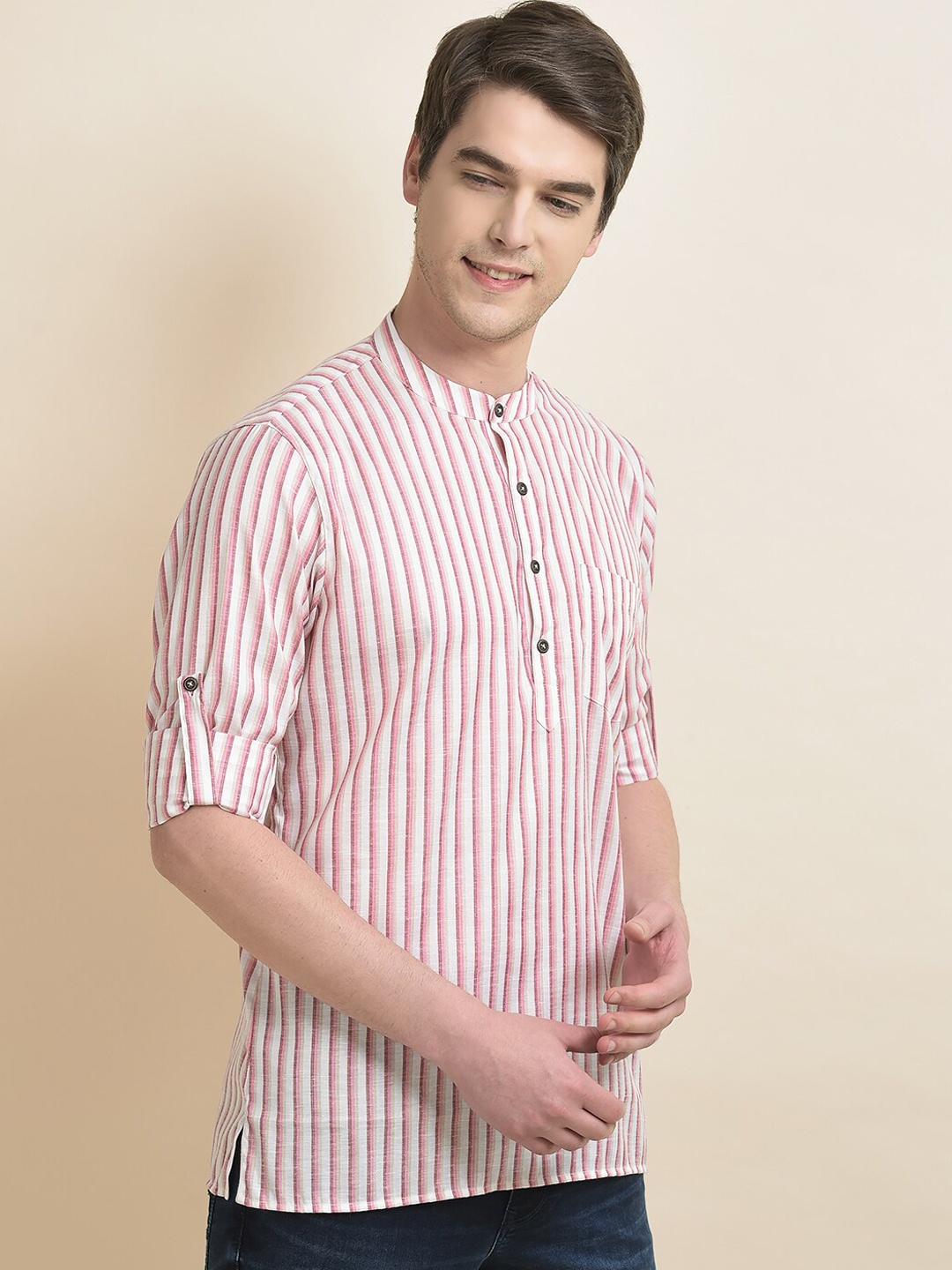 

Anouk White & Pink Striped Band Collar Jacquard Cotton Kurta