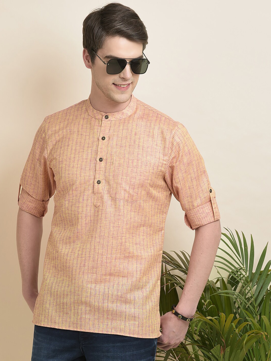 

Anouk Peach-Coloured Striped Thread Work Band Collar Jacquard Short Kurta
