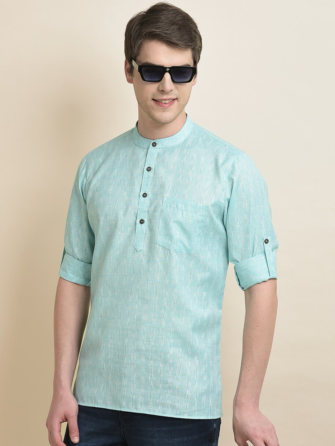 

Anouk Turquoise Blue Band Collar Jacquard Short Kurta