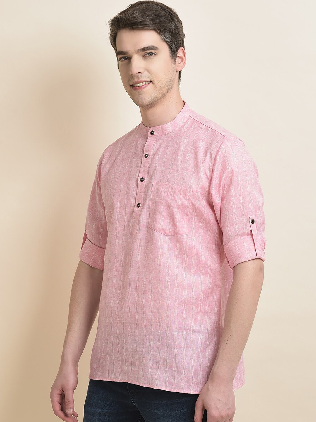 

Anouk Peach Band Collar Cotton Roll Up Sleeves Kurta