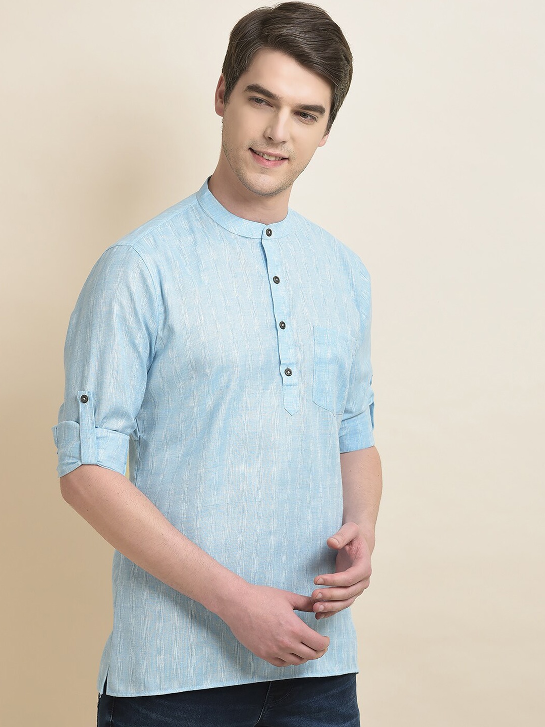 

Anouk Blue Band Collar Jacquard Short Kurta