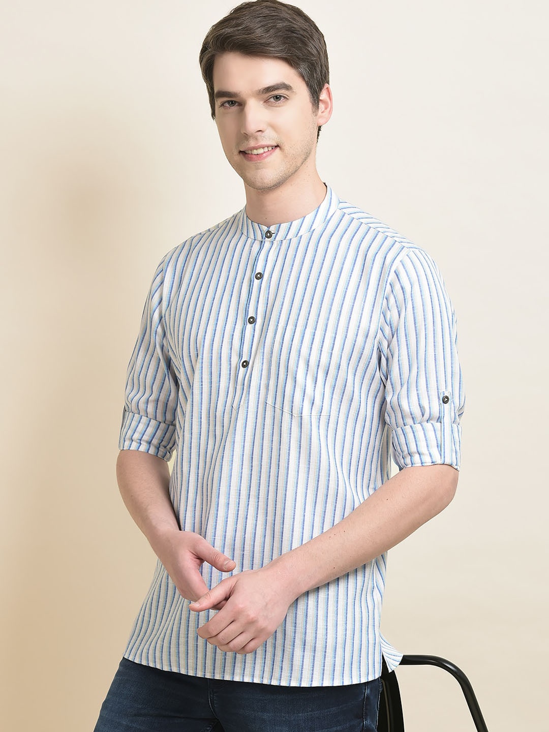 

Anouk White & Blue Striped Band Collar Jacquard Cotton Kurta