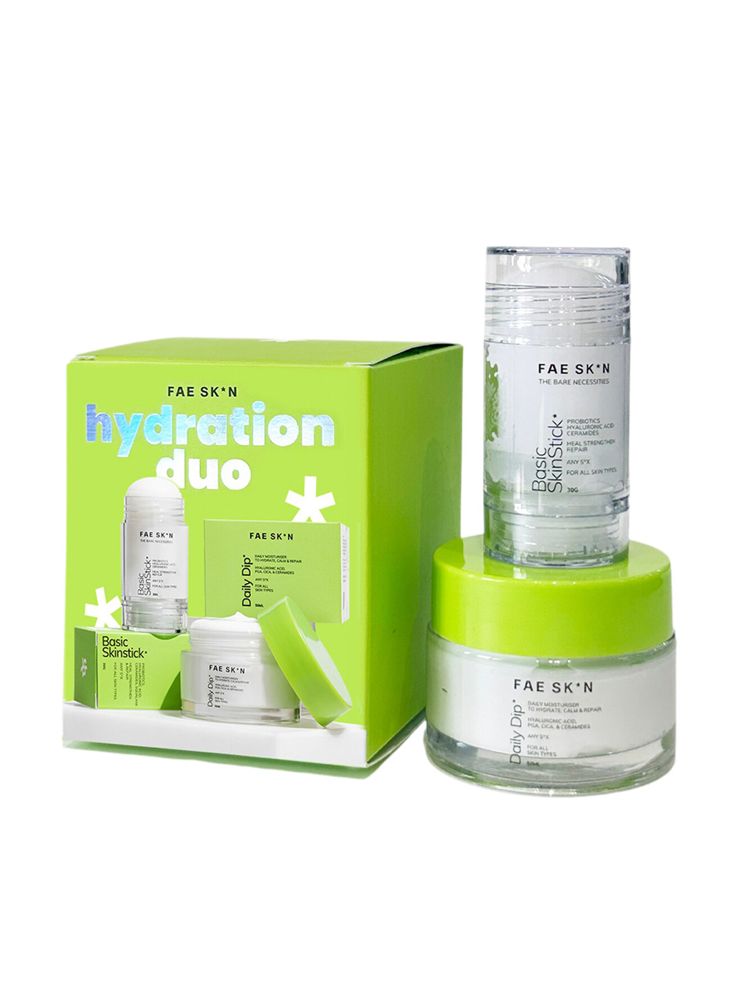 

FAE BEAUTY Hydration Duo Set Of 2 Basic Skin Stick Face Serum & Daily Dip Moisturizer, White