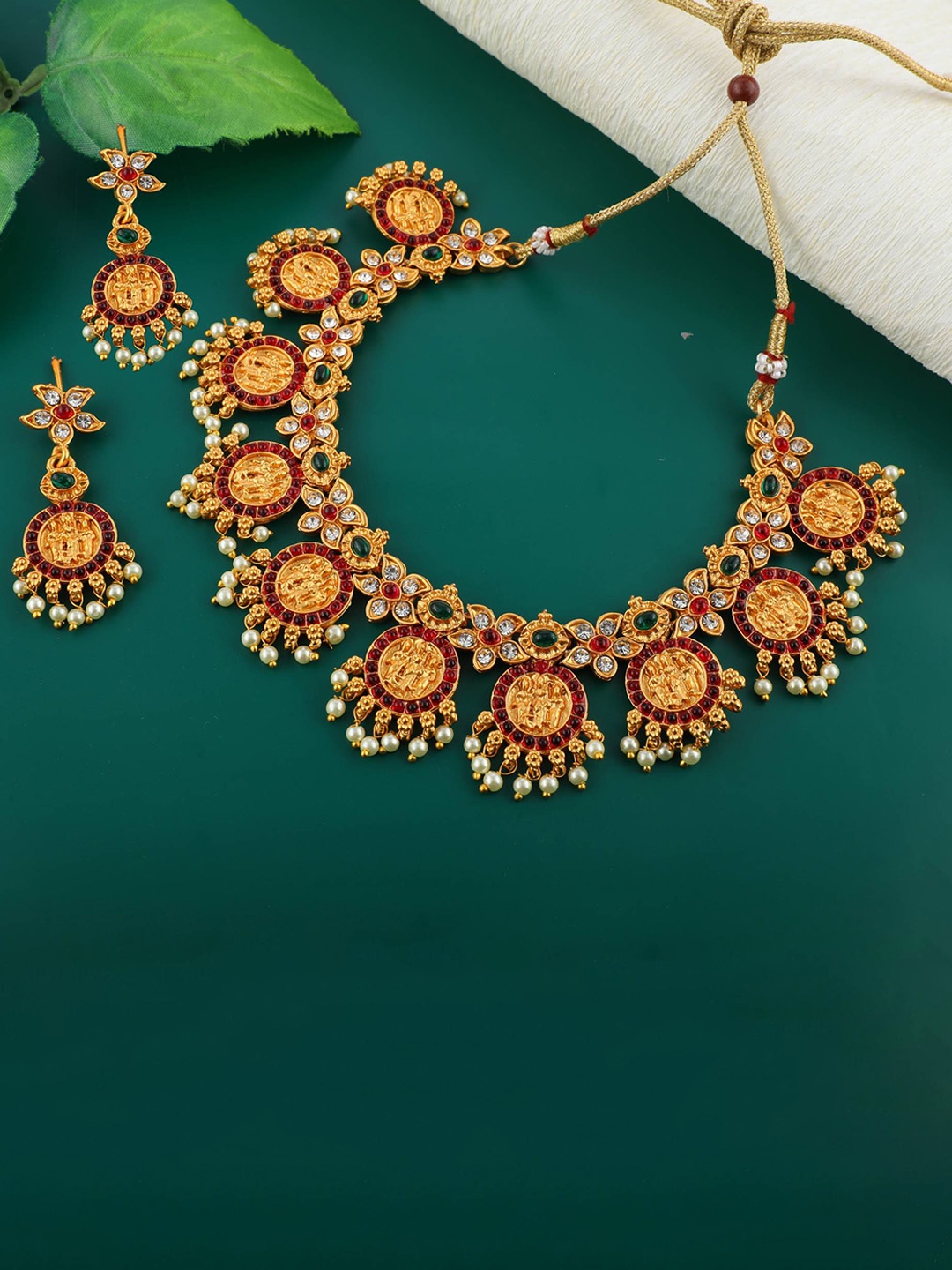 

ROFARWORD Gold-Plated Stones-Studded & Beads-Beaded Jewellery Set