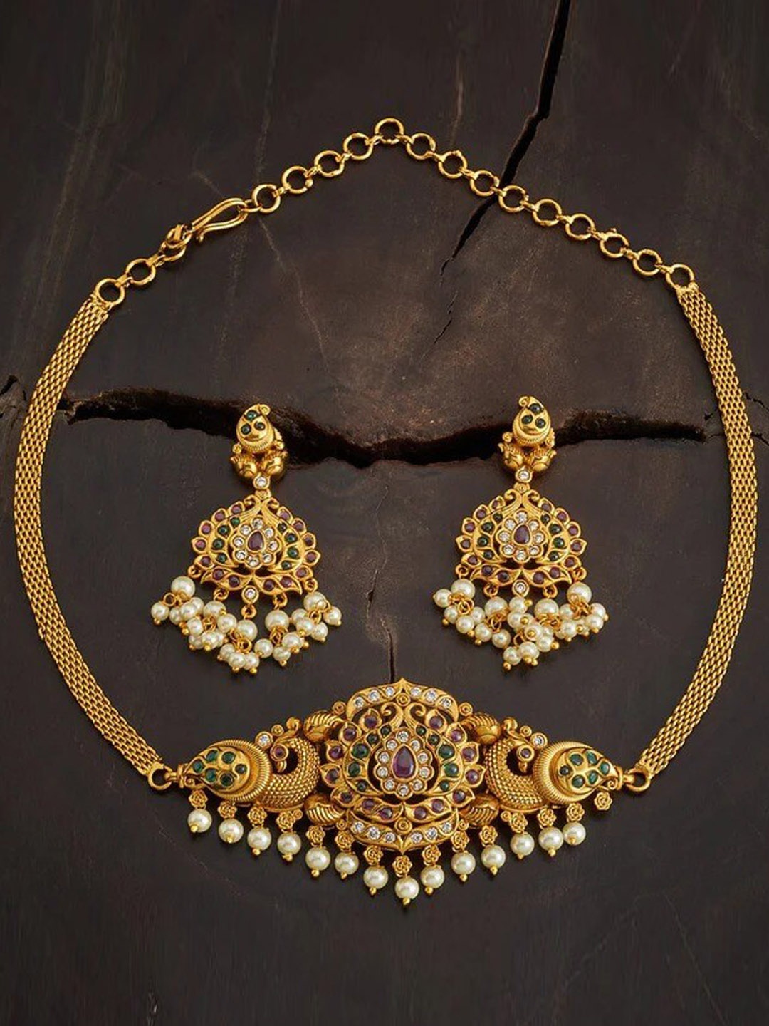 

ROFARWORD Gold-Plated Stone Studded & Beaded Jewellery Set