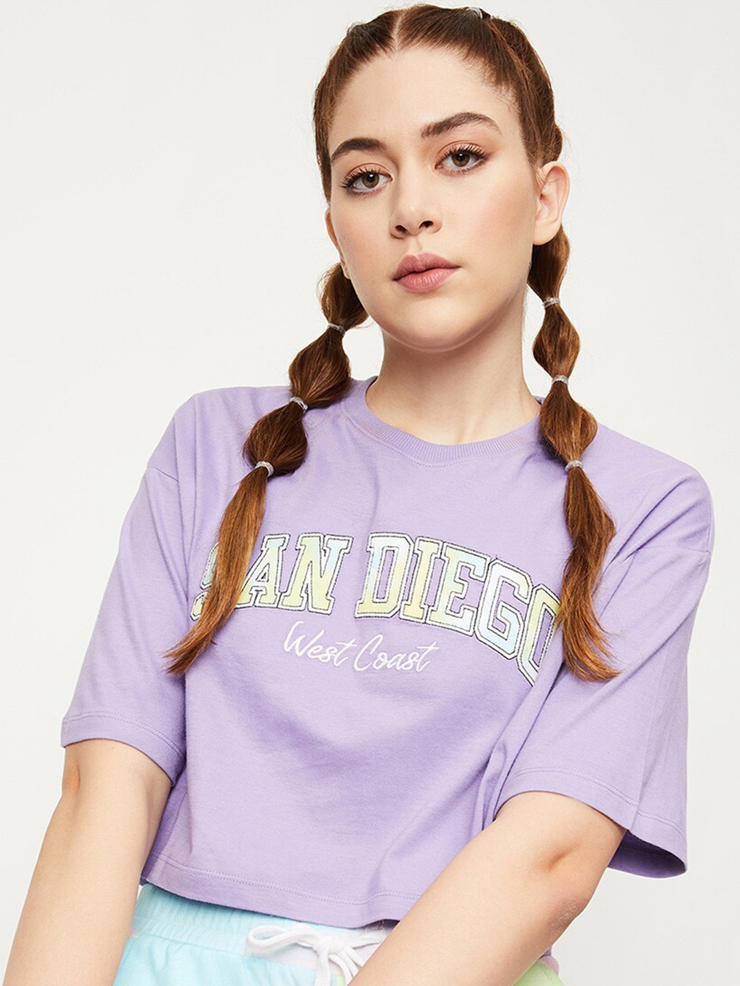 

max Typography Printed Drop-Shoulder Sleeves Cotton T-shirt, Purple