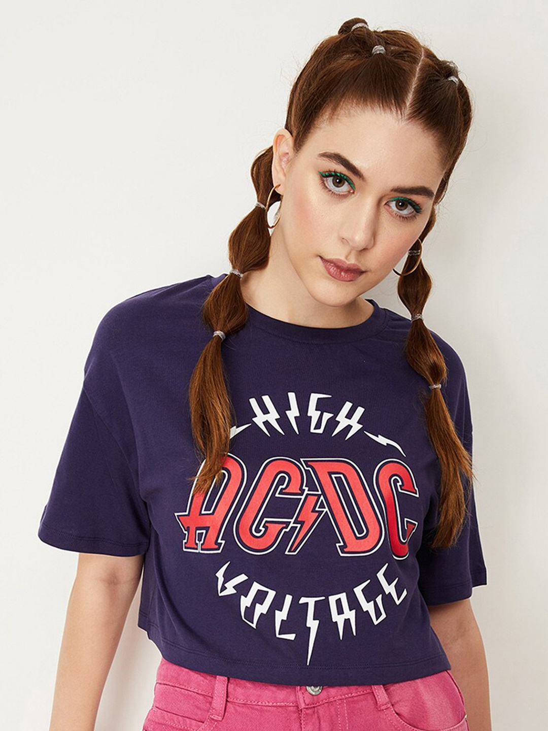 

max Typography Printed Round Neck Cotton Crop T-shirt, Blue