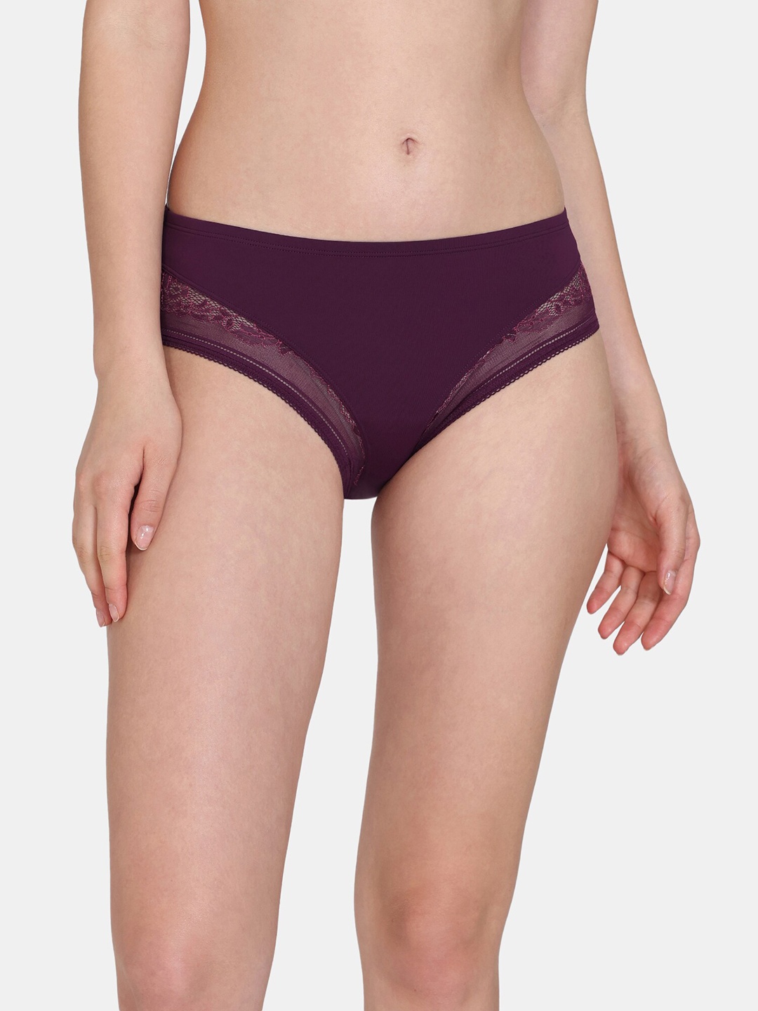 

Zivame Women Self Design Lace Anti Microbial Hipster Briefs, Purple