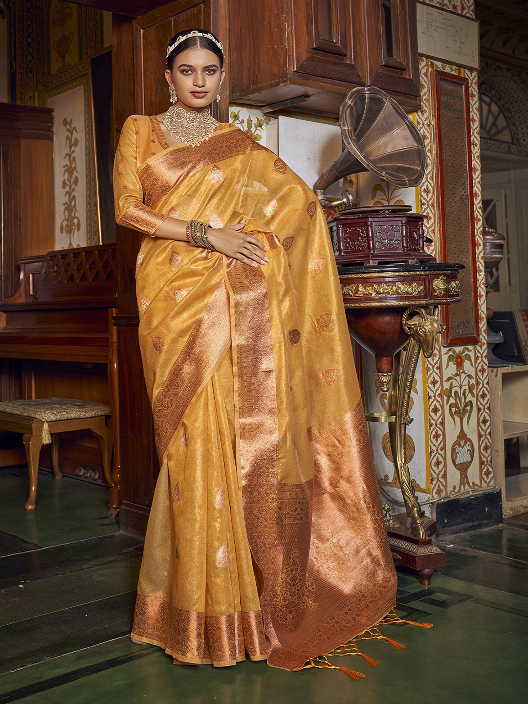 

ODETTE Ethnic Woven Design Zari Saree, Mustard