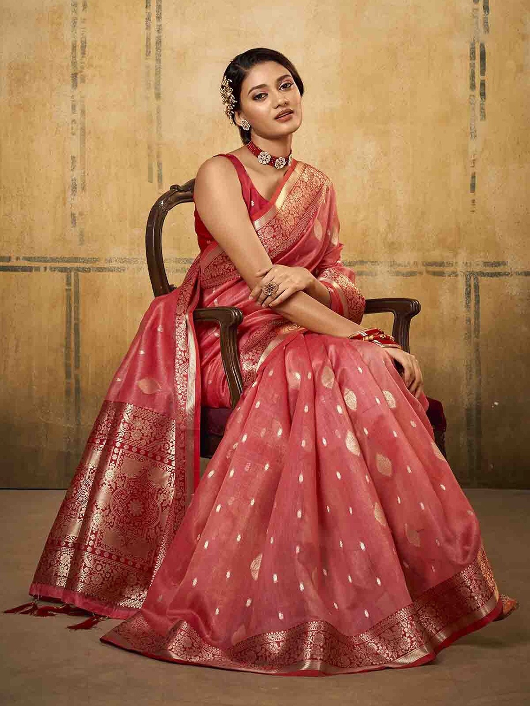 

ODETTE Woven Design Zari Saree, Red