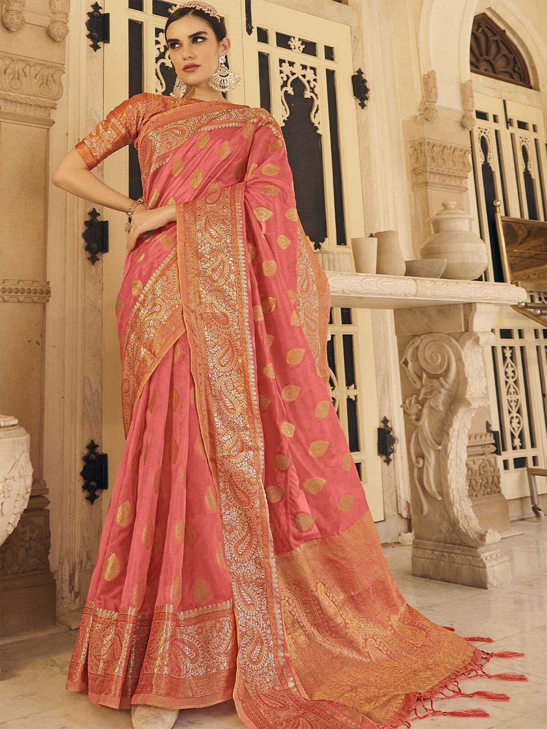 

ODETTE Ethnic Motifs Woven Design Silk Blend Zari Saree, Peach