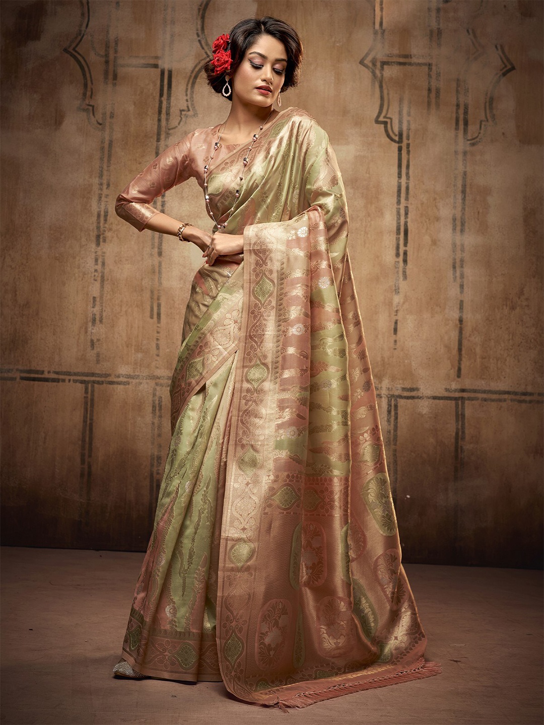 

ODETTE Woven Design Zari Festive Saree, Green