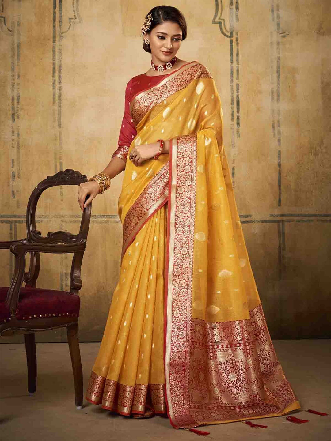 

ODETTE Woven Design Saree With Unstitched Blouse, Mustard