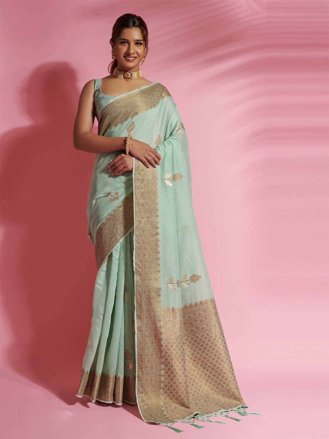 

ODETTE Ethnic Motifs Woven Design Zari Saree, Sea green